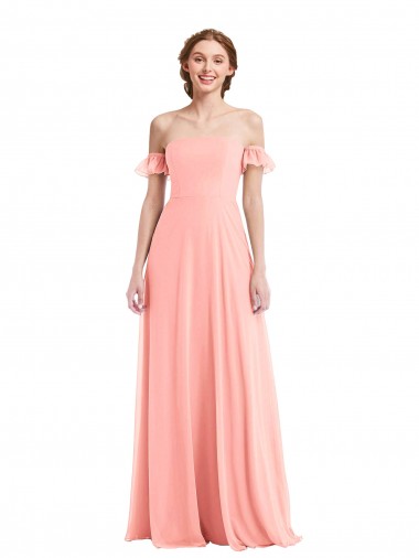 Outlet Off the Shoulder Ruffle Cuff Sleeve Chiffon Maxi Bridesmaid Dress UK