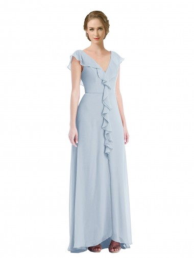 Outlet Ruffle Trimmed V Back Chiffon Maxi Bridesmaid Dress UK