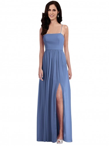 Outlet Slim Spaghetti Straps Chiffon Bridesmaid Dress with Front Slit UK