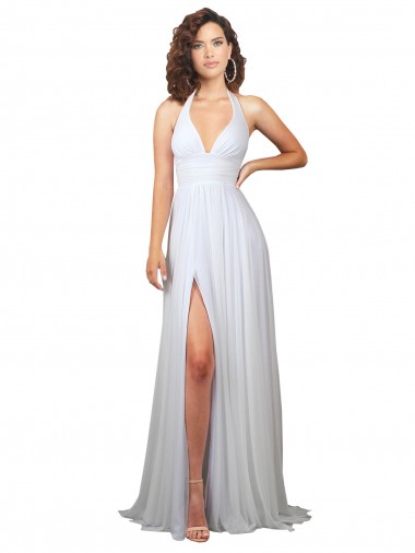 Outlet Simple Halter Plunge V-Neckline Chiffon Beach Wedding Dress with High Leg Split UK