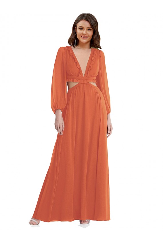Outlet High Low Ruffled Long Chiffon Cutout Bishop Sleeves Maxi Bridesmaid Dress UK