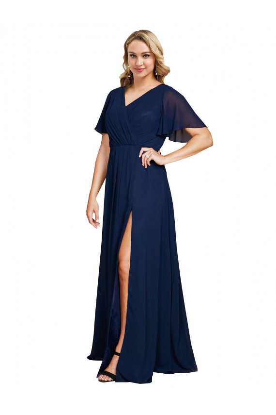 Outlet Chiffon V-Neck Short Sleeves Long Formal Bridesmaid Dress / Prom Dress with High Slit UK