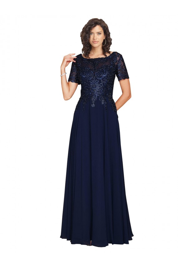 Outlet Short Sleeves A-Line Long Chiffon Bridesmaid Dress / Prom Dress with Beaded Bodice UK