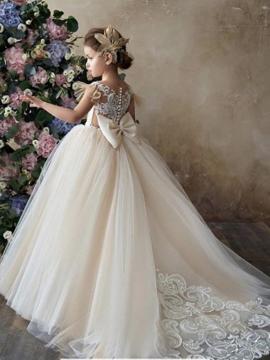 Outlet Champagne Ball Gown Sweetheart Chapel Train Sleeveless Flower Girl Dress UK