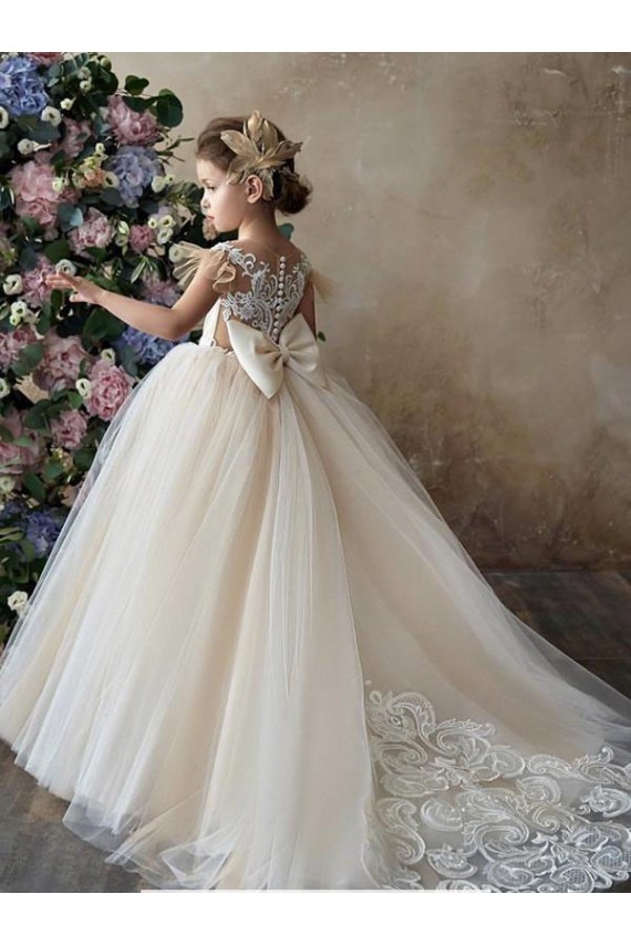 Outlet Champagne Ball Gown Sweetheart Chapel Train Sleeveless Flower Girl Dress UK