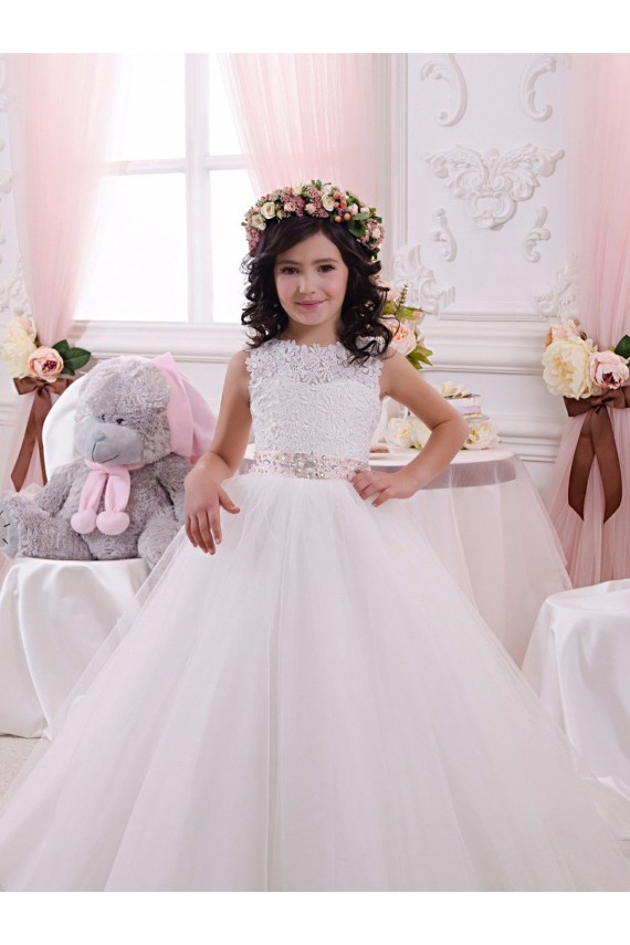 Outlet Ivory Ball Gown Bateau Chapel Train Sleeveless Flower Girl Dress UK