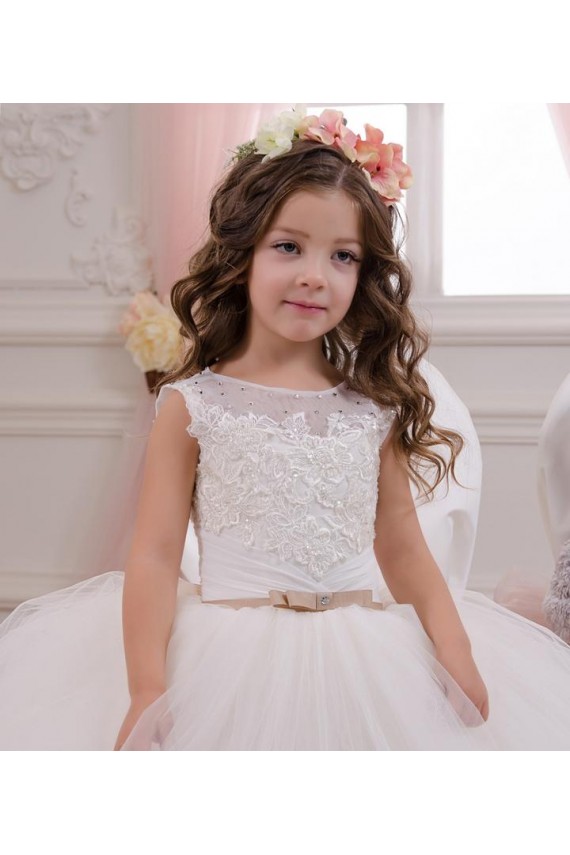 Outlet Ivory Ball Gown Bateau Neck Chapel Train Sleeveless Flower Girl Dress UK