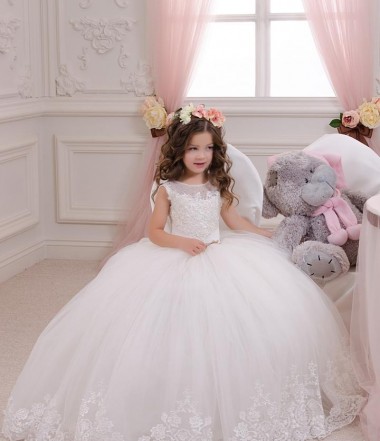 Outlet Ivory Ball Gown Bateau Neck Chapel Train Sleeveless Flower Girl Dress UK