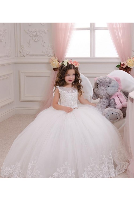 Outlet Ivory Ball Gown Bateau Neck Chapel Train Sleeveless Flower Girl Dress UK