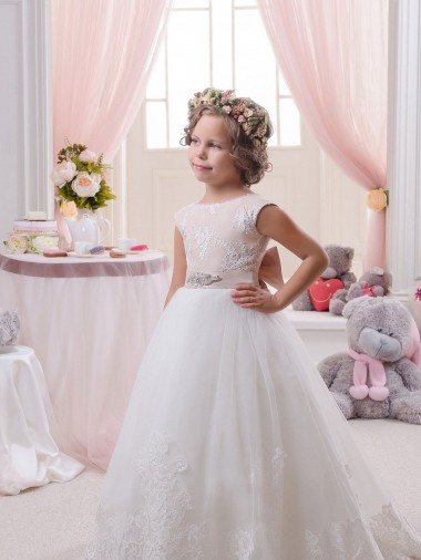 Outlet Ivory Ball Gown Bateau Neck Chapel Train V-Back Flower Girl Dress UK