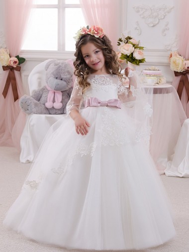 Outlet Ivory Ball Gown Bateau Neck Long Chapel Train Sleeveless Flower Girl Dress UK
