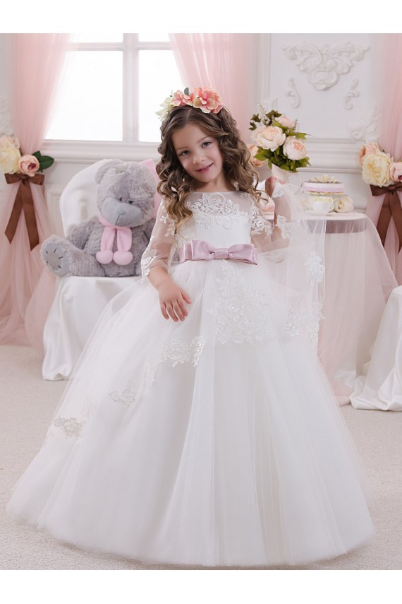 Outlet Ivory Ball Gown Bateau Neck Long Chapel Train Sleeveless Flower Girl Dress UK