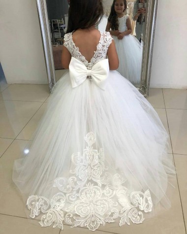 Outlet Ivory Ball Gown Chapel Train Sleeveless Flower Girl Dress UK