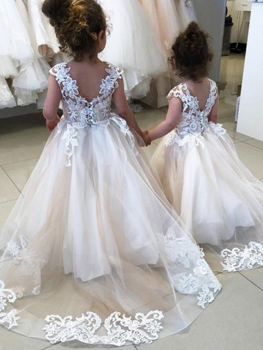 Outlet Ivory Ball Gown Chapel Train Sleeveless V-Back Flower Girl Dress UK