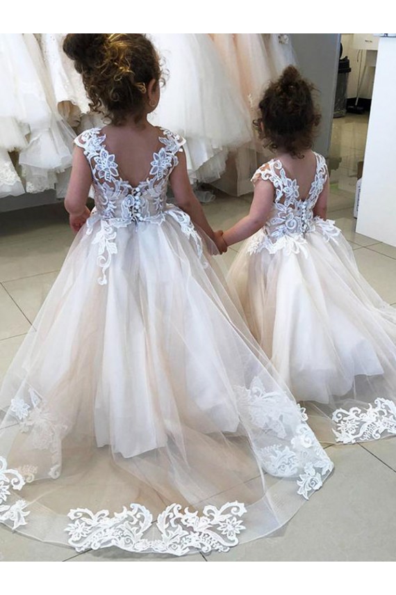 Outlet Ivory Ball Gown Chapel Train Sleeveless V-Back Flower Girl Dress UK