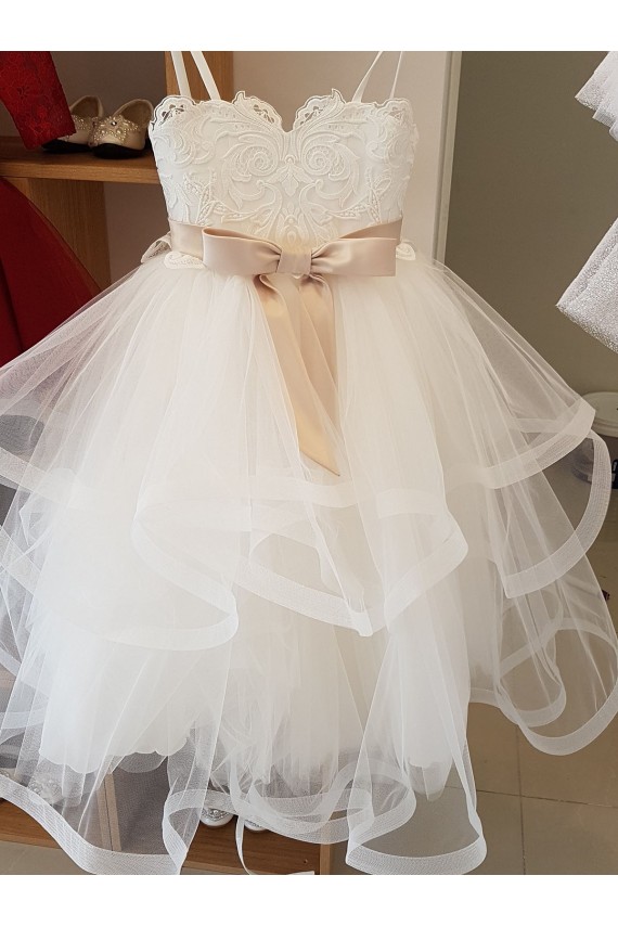 Outlet Ivory Ball Gown High Neck Floor Length Flower Girl Dress UK