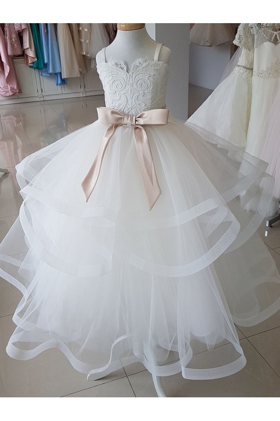 Outlet Ivory Ball Gown High Neck Floor Length Flower Girl Dress UK