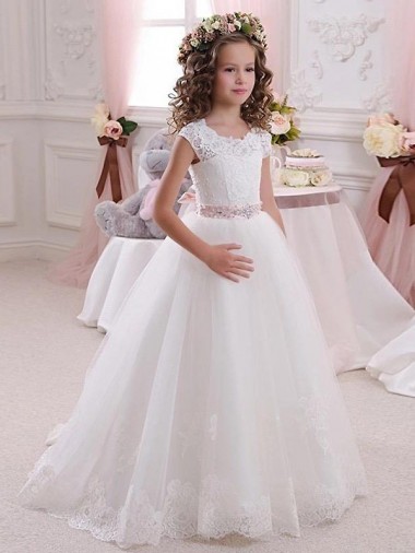 Outlet Ivory Ball Gown High Neck Floor Length Keyhole Back Flower Girl Dress UK