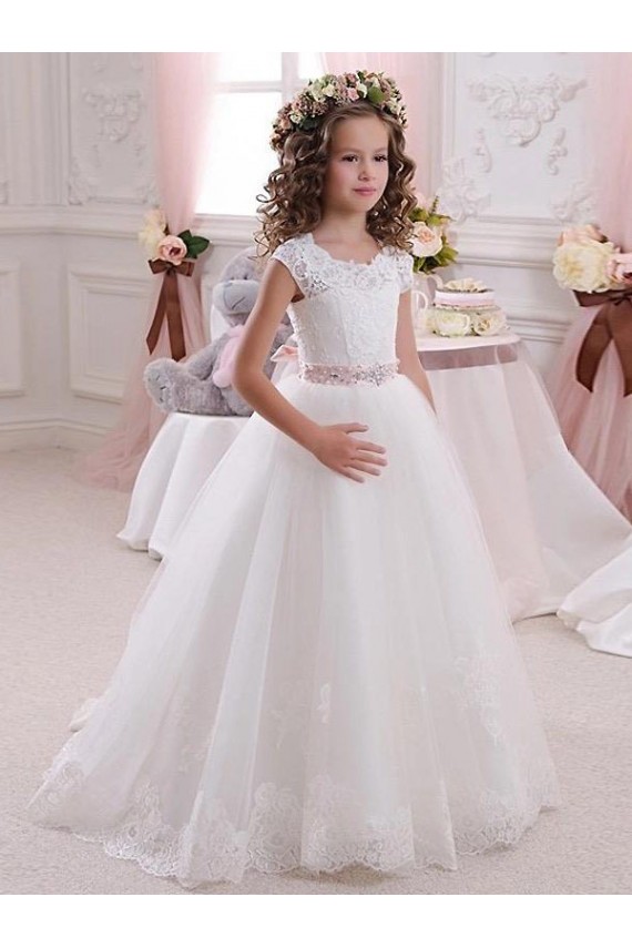 Outlet Ivory Ball Gown High Neck Floor Length Keyhole Back Flower Girl Dress UK