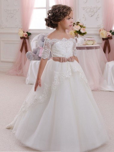 Outlet Ivory Ball Gown High Neck Floor Length Short Sleeve Flower Girl Dress UK