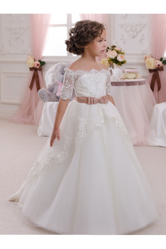 Outlet Ivory Ball Gown High Neck Floor Length Short Sleeve Flower Girl Dress UK