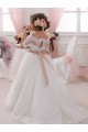 Outlet Ivory Ball Gown High Neck Floor Length Short Sleeve Flower Girl Dress UK