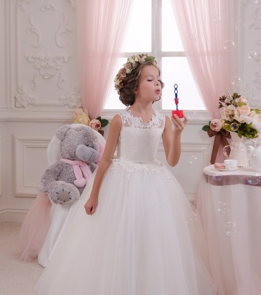 Outlet Ivory Ball Gown High Neck Floor Length Sleeveless Flower Girl Dress UK