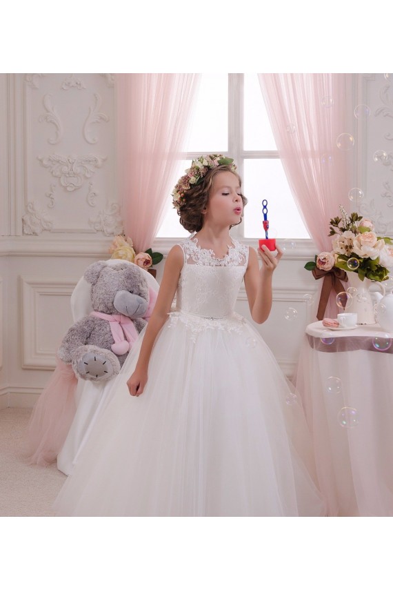 Outlet Ivory Ball Gown High Neck Floor Length Sleeveless Flower Girl Dress UK