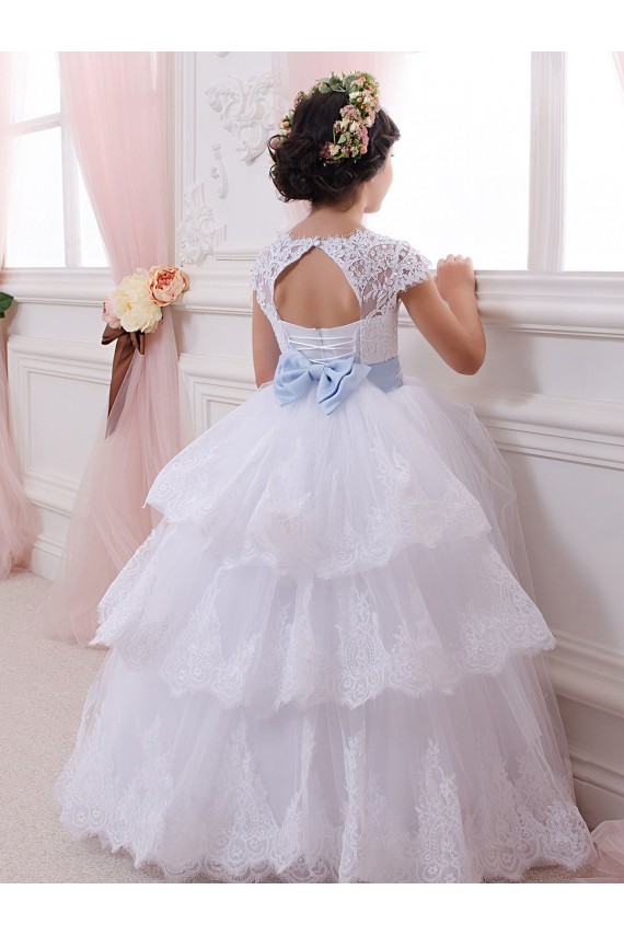 Outlet Ivory Ball Gown Sweetheart Chapel Train Cap Sleeve Flower Girl Dress UK