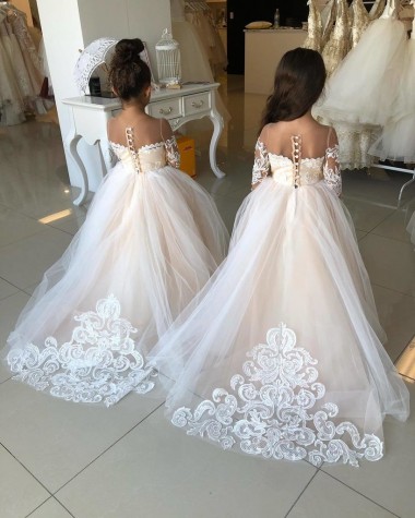 Outlet Ivory Ball Gown Sweetheart Chapel Train Long Sleeve Flower Girl Dress UK