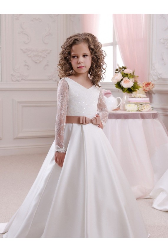 Outlet Ivory Ball Gown V-Neck Chapel Train Long Sleeve Flower Girl Dress UK
