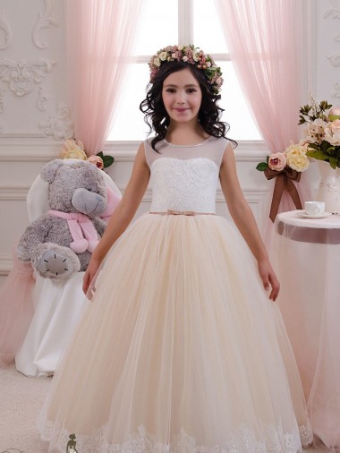 Outlet Ivory & Champagne Ball Gown Sweetheart Floor Length Sleeveless Flower Girl Dress UK
