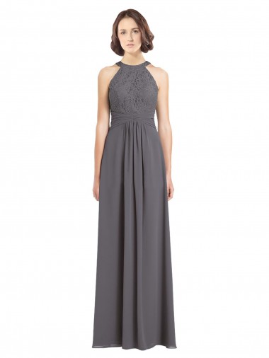 Outlet Long Chiffon Bridesmaid Dress with Corded Lace Bodice UK