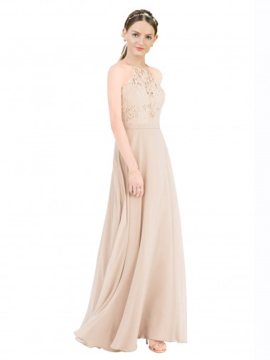 Outlet High Halter Neck Illusion Lace Bridesmaid Dress / Prom Dress with Chiffon Skirt and Keyhole Back UK