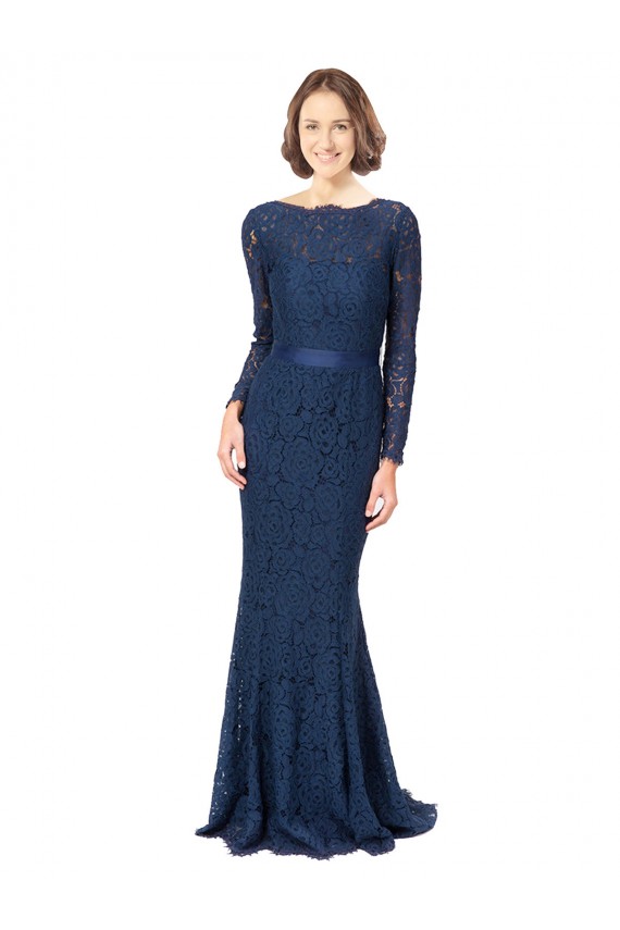 Outlet Long Sleeves Floor Length Vintage Lace Bridesmaid Dress with Deep V-Back UK