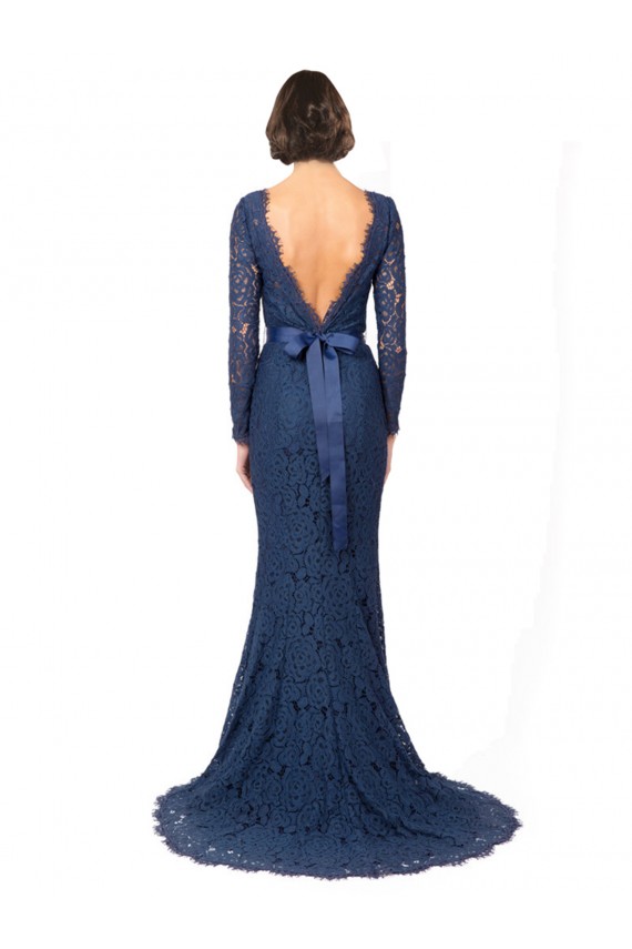 Outlet Long Sleeves Floor Length Vintage Lace Bridesmaid Dress with Deep V-Back UK