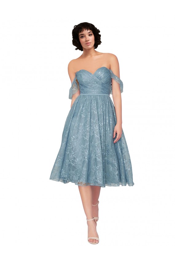 Outlet Off the Shoulder Sweetheart Chantilly Lace Midi Length Cocktail Bridesmaid Dress UK