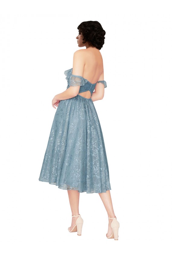Outlet Off the Shoulder Sweetheart Chantilly Lace Midi Length Cocktail Bridesmaid Dress UK