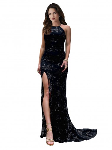 Outlet Formal High Neckline Lace Open Back Bridesmaid Dress / Prom Dress with High Slit UK