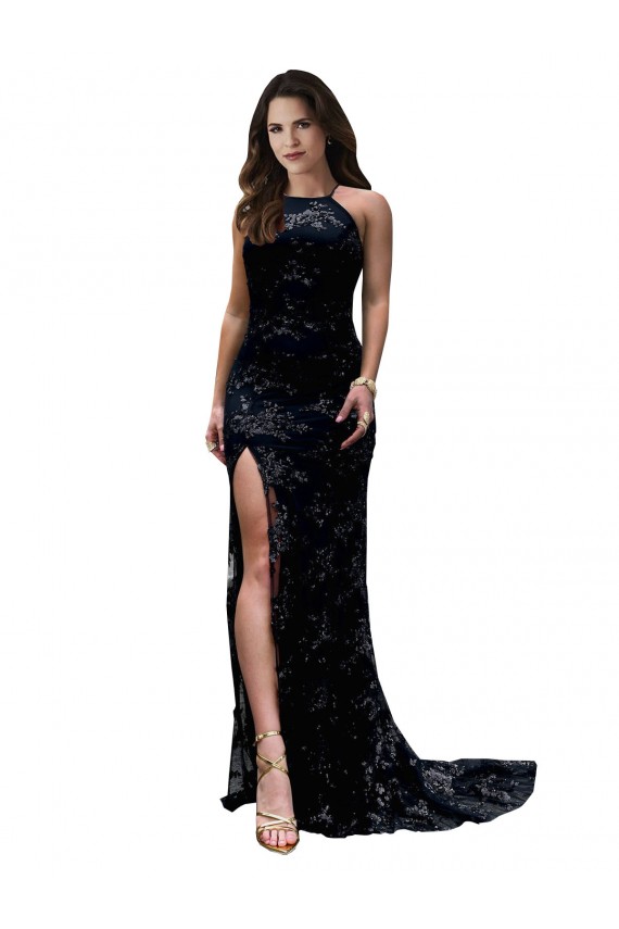 Outlet Formal High Neckline Lace Open Back Bridesmaid Dress / Prom Dress with High Slit UK
