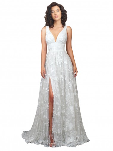 Outlet Plunging V-Neckline Wedding Dress with Slit UK