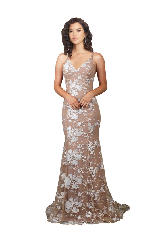 Outlet Fishtail Shaped V-Neck Embroidered Foral Lace Wedding Dress UK