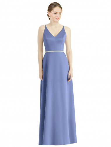 Outlet Long Floor Length V-Neck Satin Bridesmaid Dress with Spaghetti Straps UK