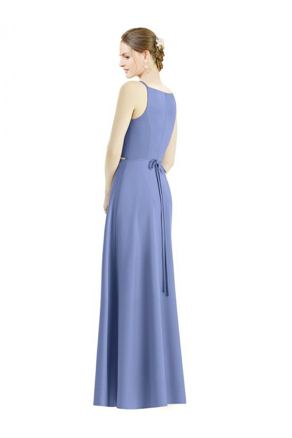 Outlet Long Floor Length V-Neck Satin Bridesmaid Dress with Spaghetti Straps UK