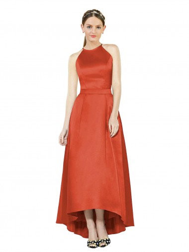 Outlet Full Length Halter Satin Bridesmaid Dress with Hi-Low Hem Detail UK
