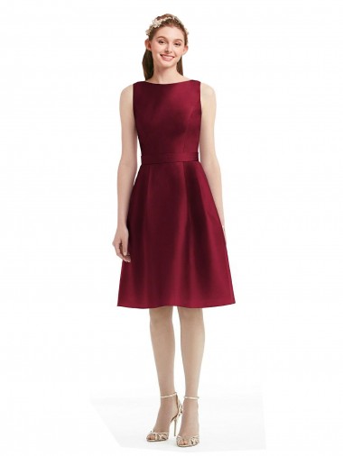 Outlet Short Midi Length Satin Cocktail Bridesmaid Dress with Bateau Neckline and V-Back UK