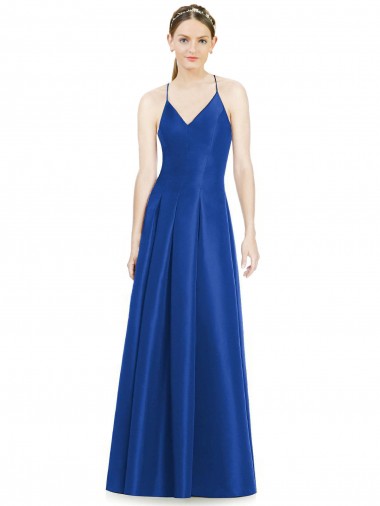 Outlet Full Pleated V-Neck Long Satin Bridesmaid Dress with Criss Cross Open Back UK