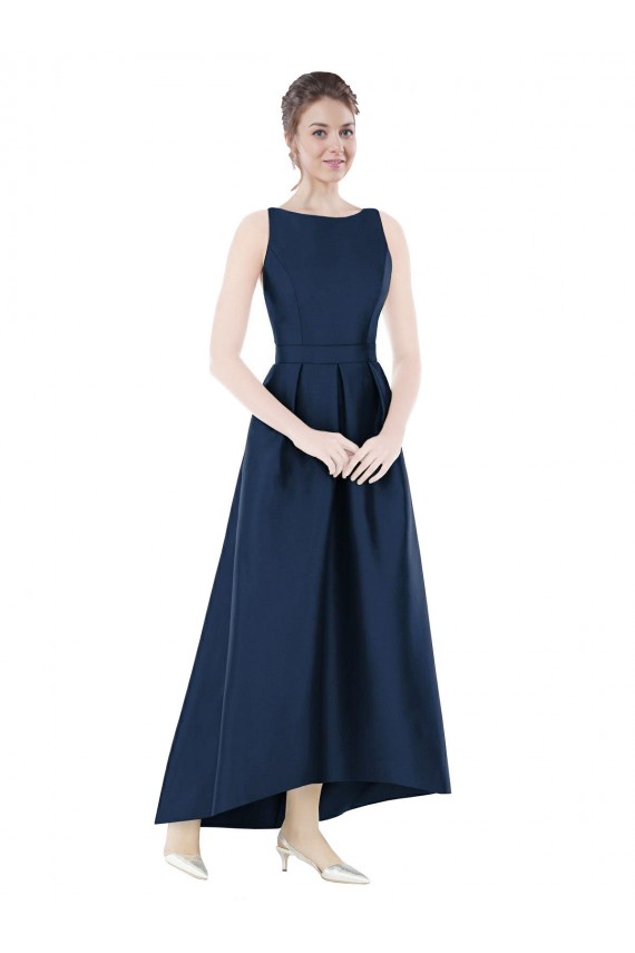 Outlet Full Length Sleeveless Long Satin Bridesmaid Dress with High Low Hem Detail UK