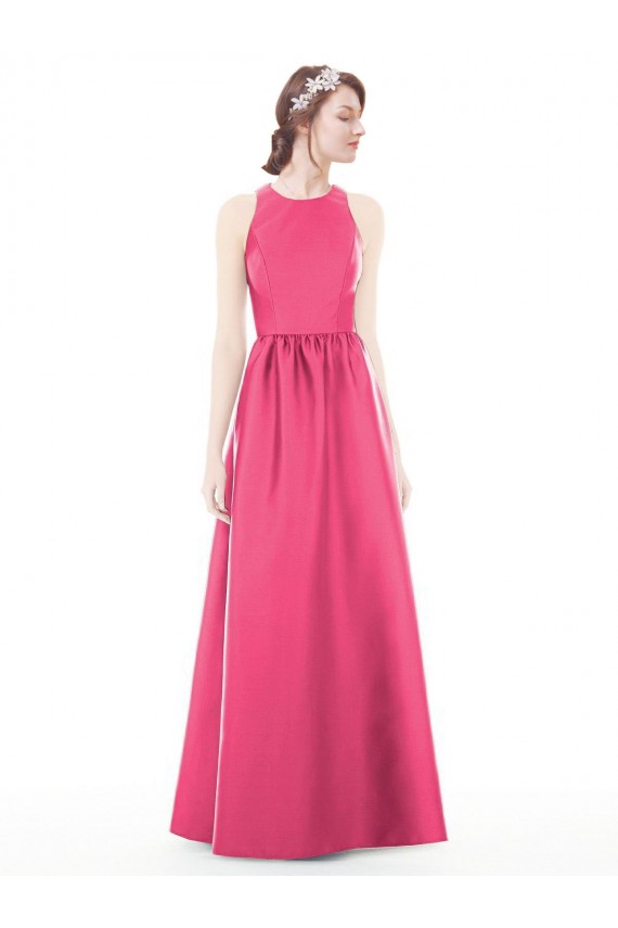 Outlet Jewel Neck Keyhole Back Sleek Long Satin Bridesmaid Dress UK