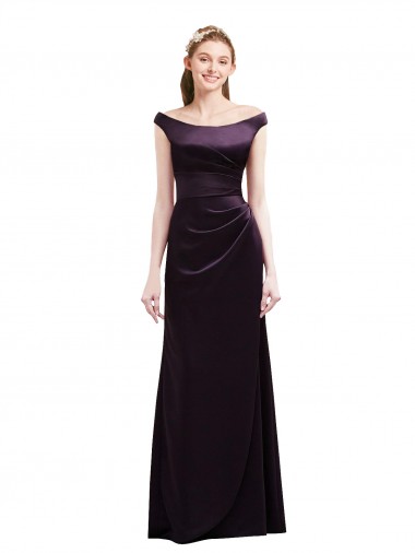 Outlet Off The Shoulder Long Satin Bridesmaid Dress with Asymmetrical Pleated Bodice UK